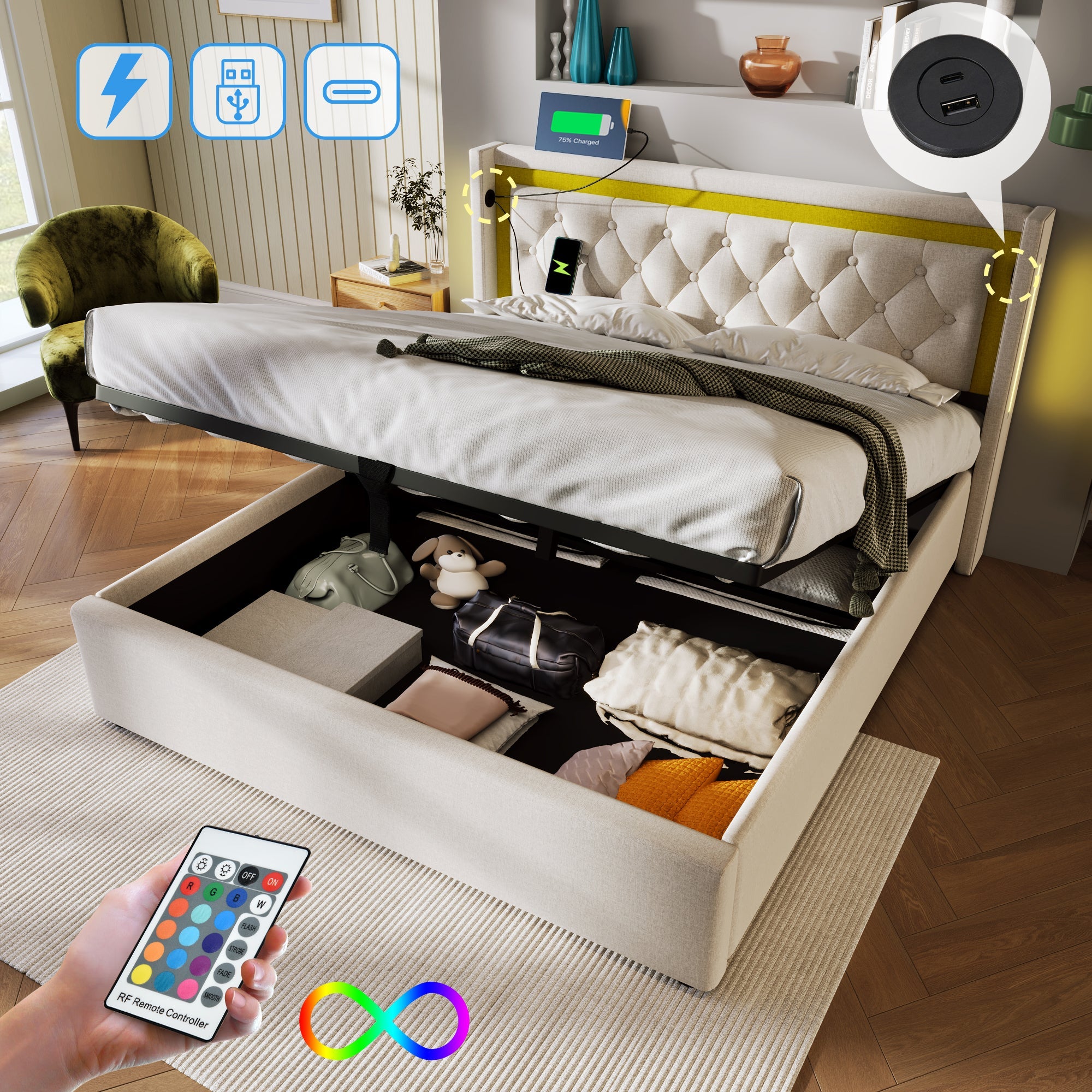 Upholstered Bed LED Double Bed with Storage, USB, Type C, 160x200 Cotton