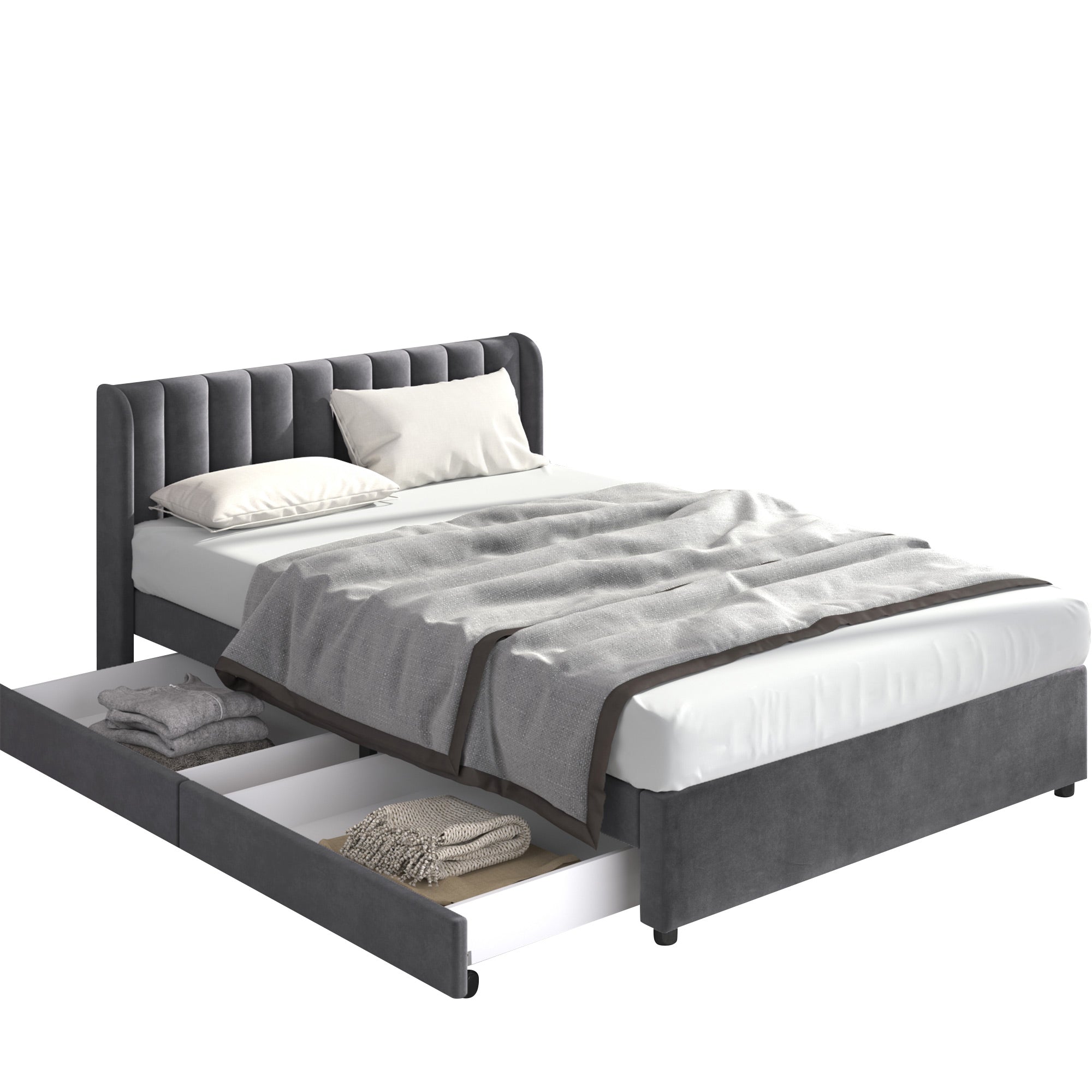 Upholstered Bed 140x200cm Headboard 2 Drawers - Grey Velvet