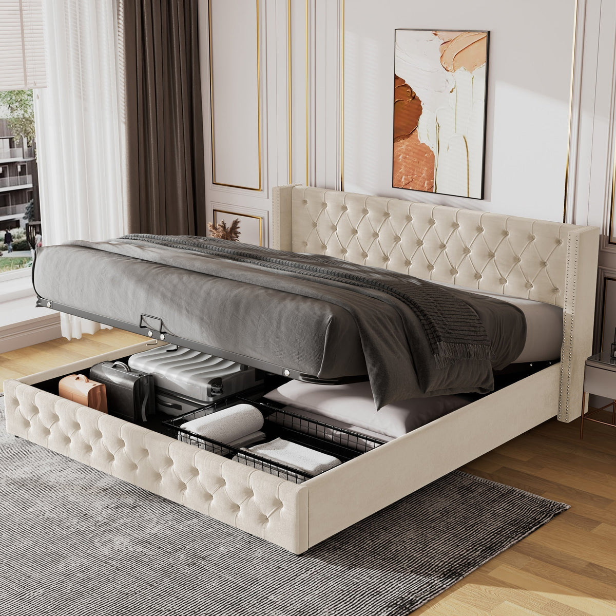 Upholstered Bed 140x200cm Hydraulic Storage Ear Shape Studs Button Tufted - Velvet Beige