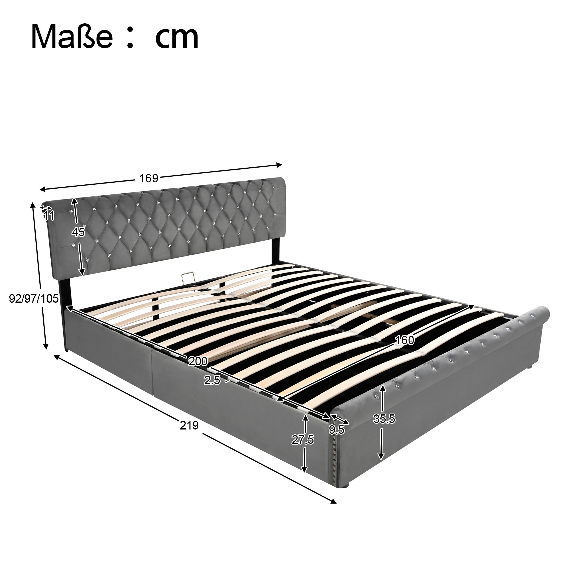 Upholstered Bed with Adjustable Headboard and Slatted Base, 160x200cm, Grey Velvet