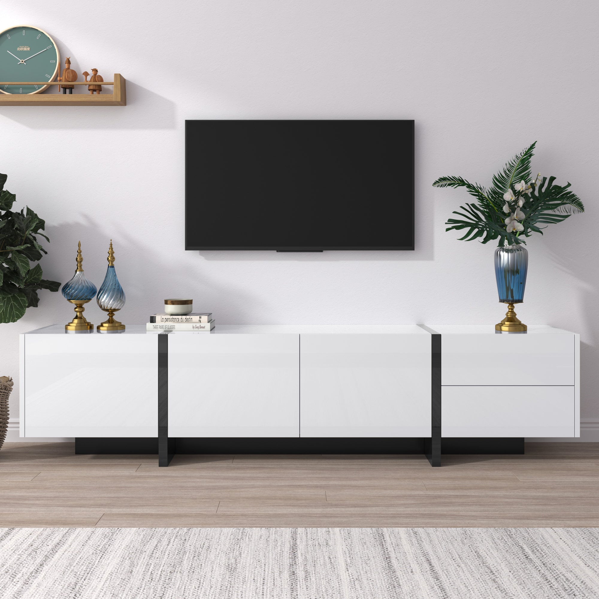 TV Cabinet Lowboard Panel Doors Drawers Shelves High-Gloss White and Black