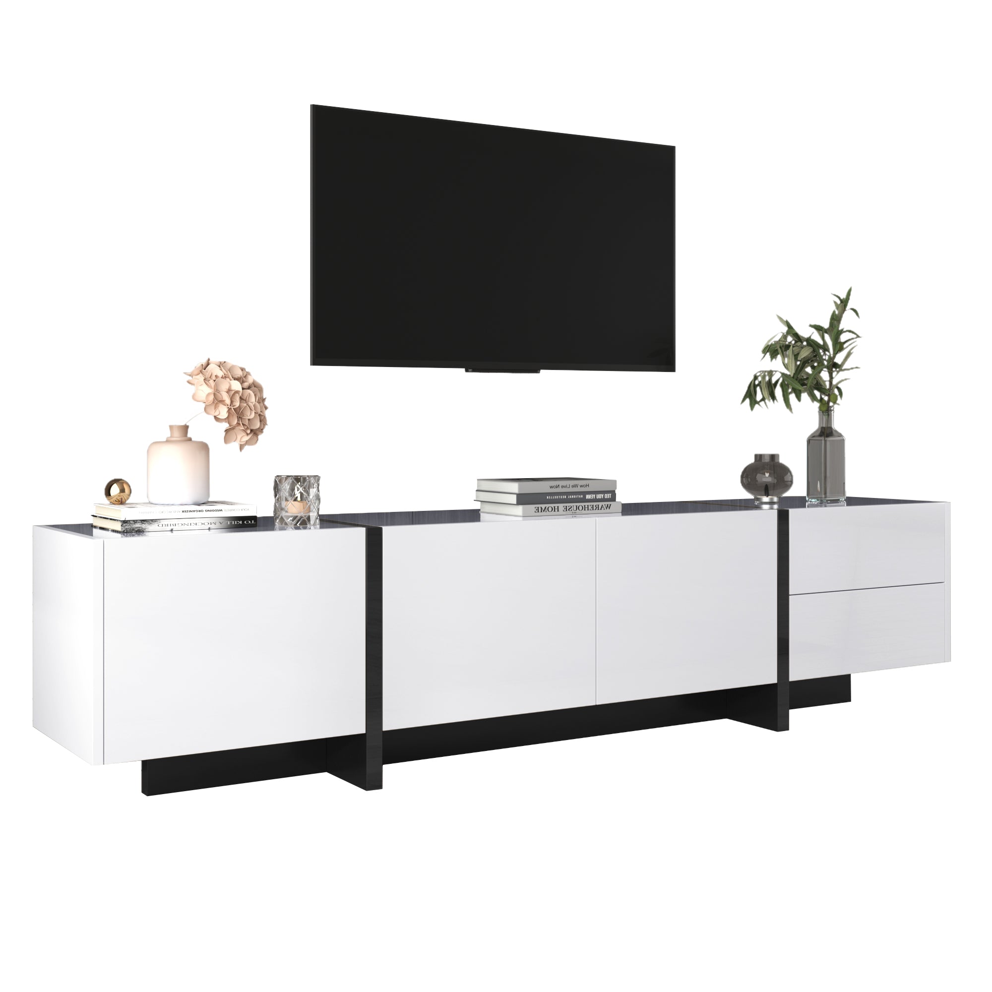 TV Cabinet Lowboard Panel Doors Drawers Shelves High-Gloss White and Black