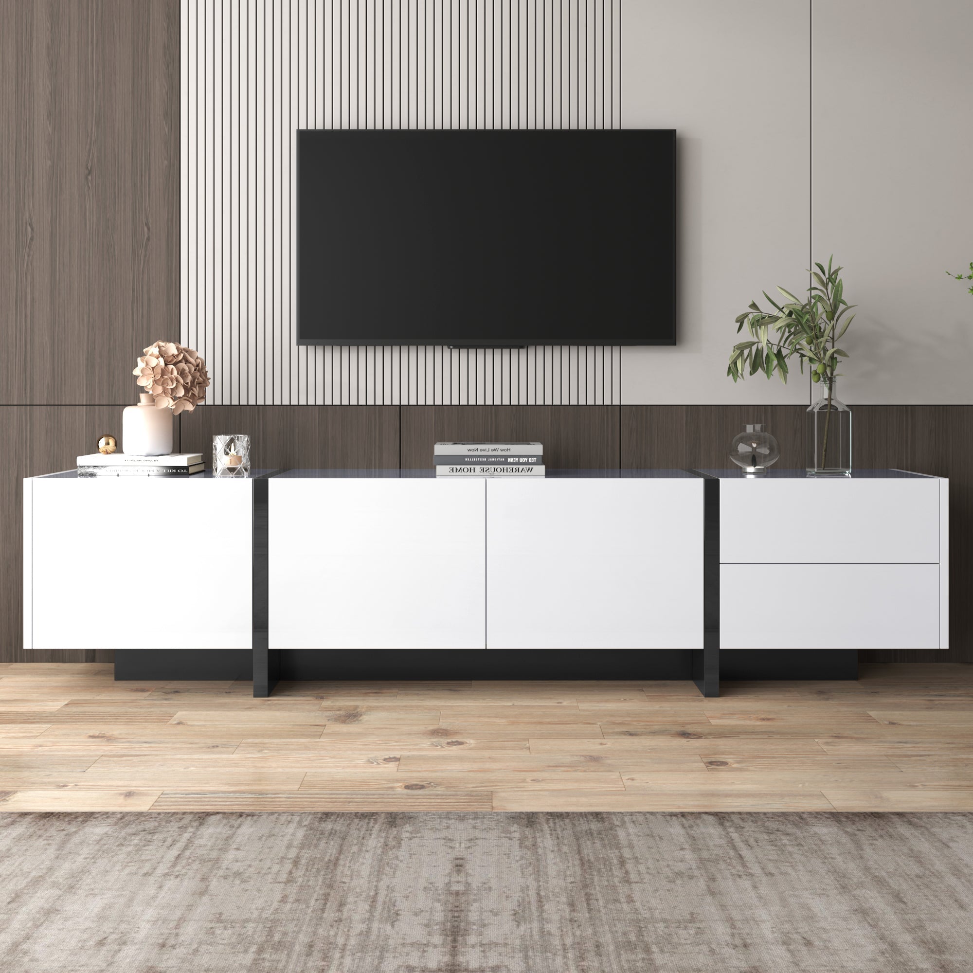 TV Cabinet Lowboard Panel Doors Drawers Shelves High-Gloss White and Black