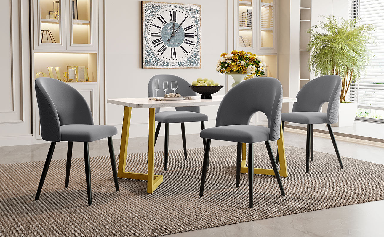 Dining Set, 117x68cm Table with 4 Chairs, Gray Velvet, Golden Legs