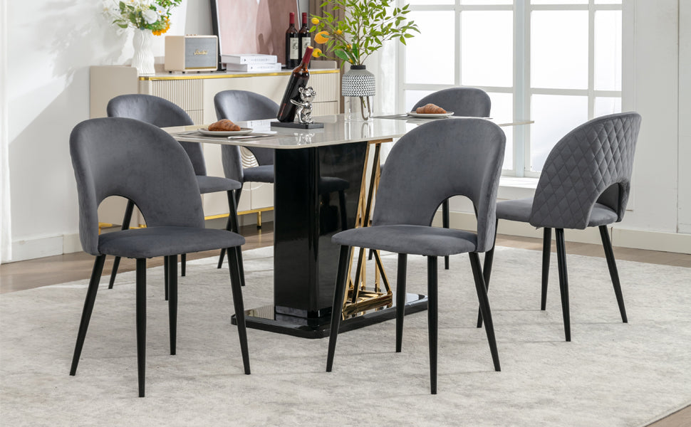 Dining Chair Set (6), Upholstered Velvet Seat, Metal Frame, Gray