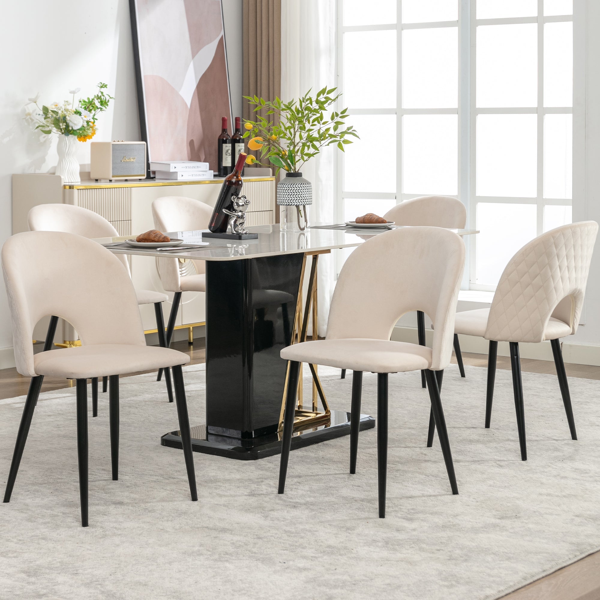 Cream Dining Room Chair (set of 6), Upholstered Backrest, Velvet Seat, Metal Frame, Beige