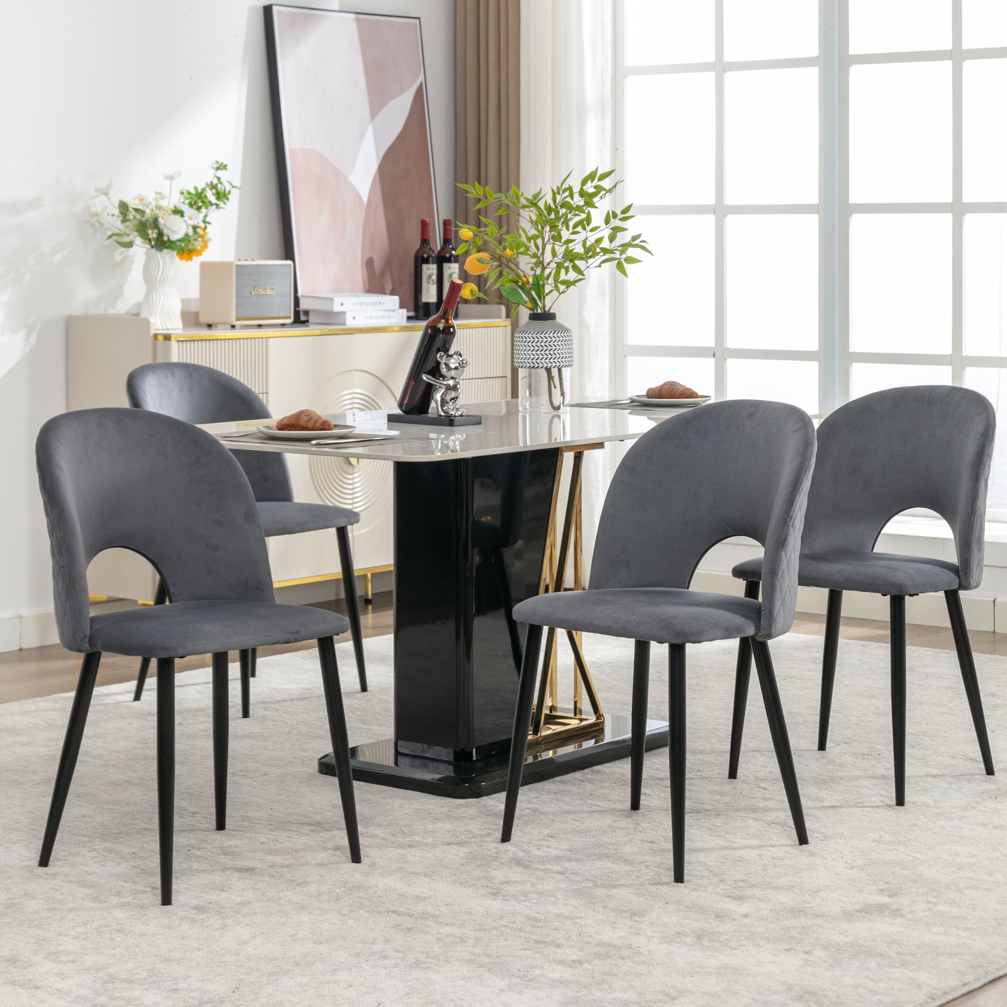 Dining Chair (4 Pcs), Upholstered Velvet Seat with Metal Frame, Gray