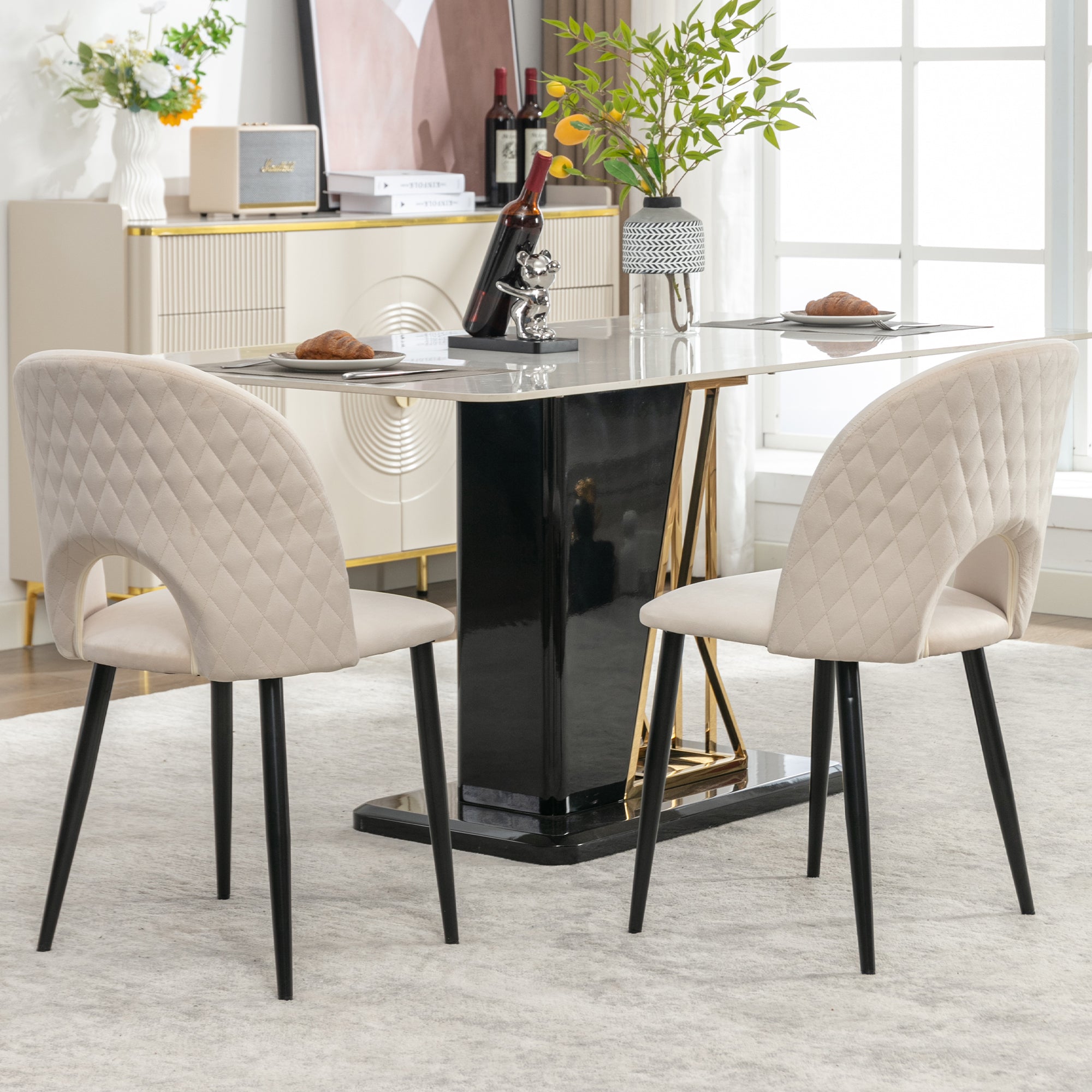 Dining Chair (2 Pcs), Upholstered Design with Velvet Seat, Metal Frame, Adjustable Feet, Diamond Pattern, Beige