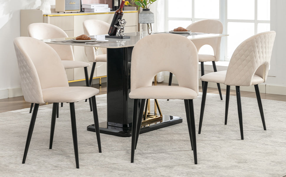 Cream Dining Room Chair (set of 6), Upholstered Backrest, Velvet Seat, Metal Frame, Beige