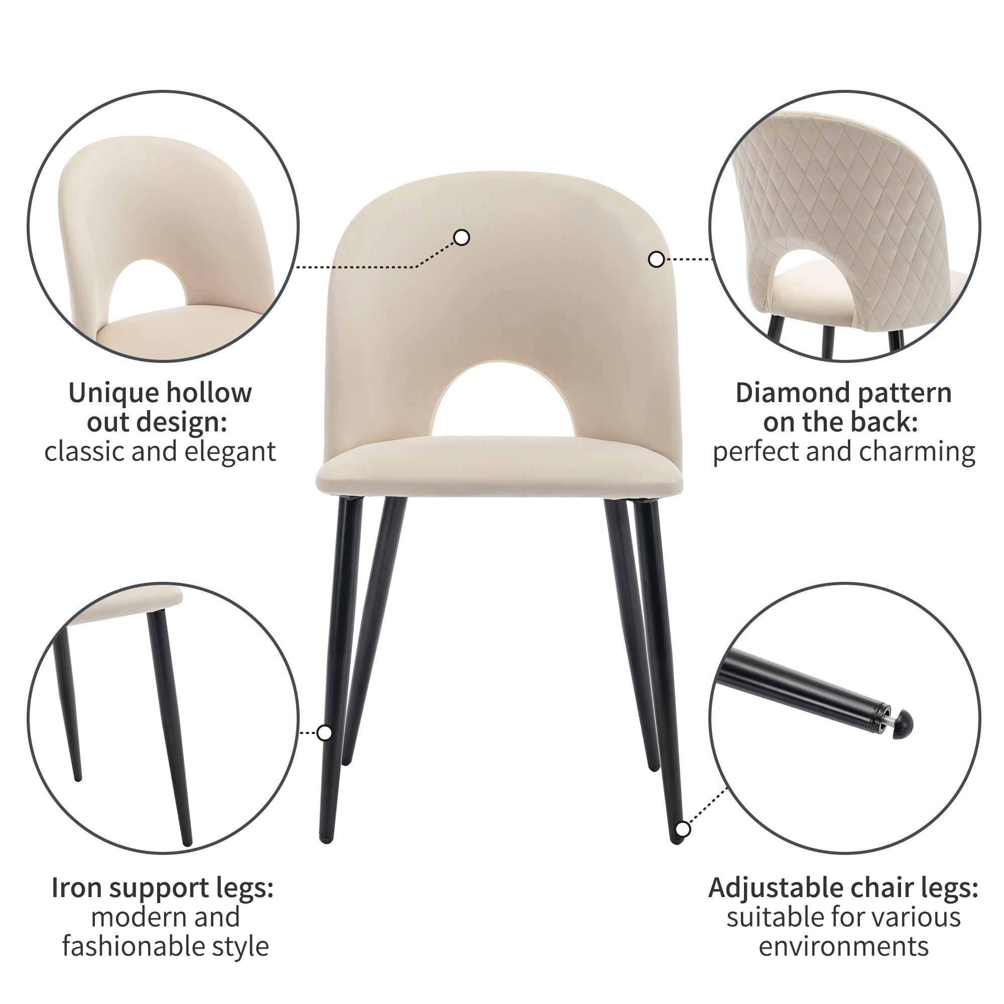 Dining Chair (4 Pieces), Upholstered with Velvet Seat, Metal Frame, Beige