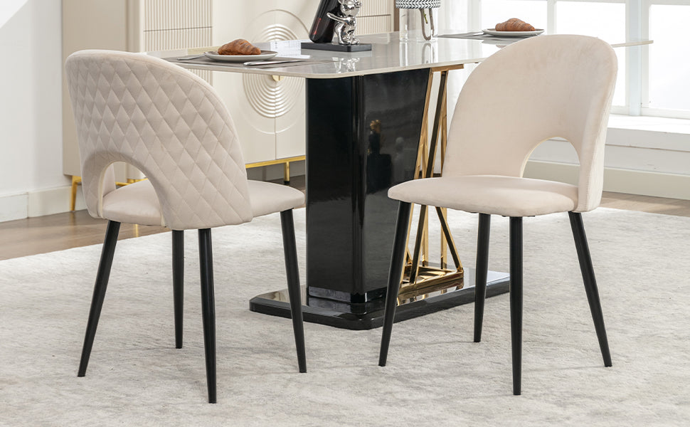 Dining Chair (2 Pcs), Upholstered Design with Velvet Seat, Metal Frame, Adjustable Feet, Diamond Pattern, Beige