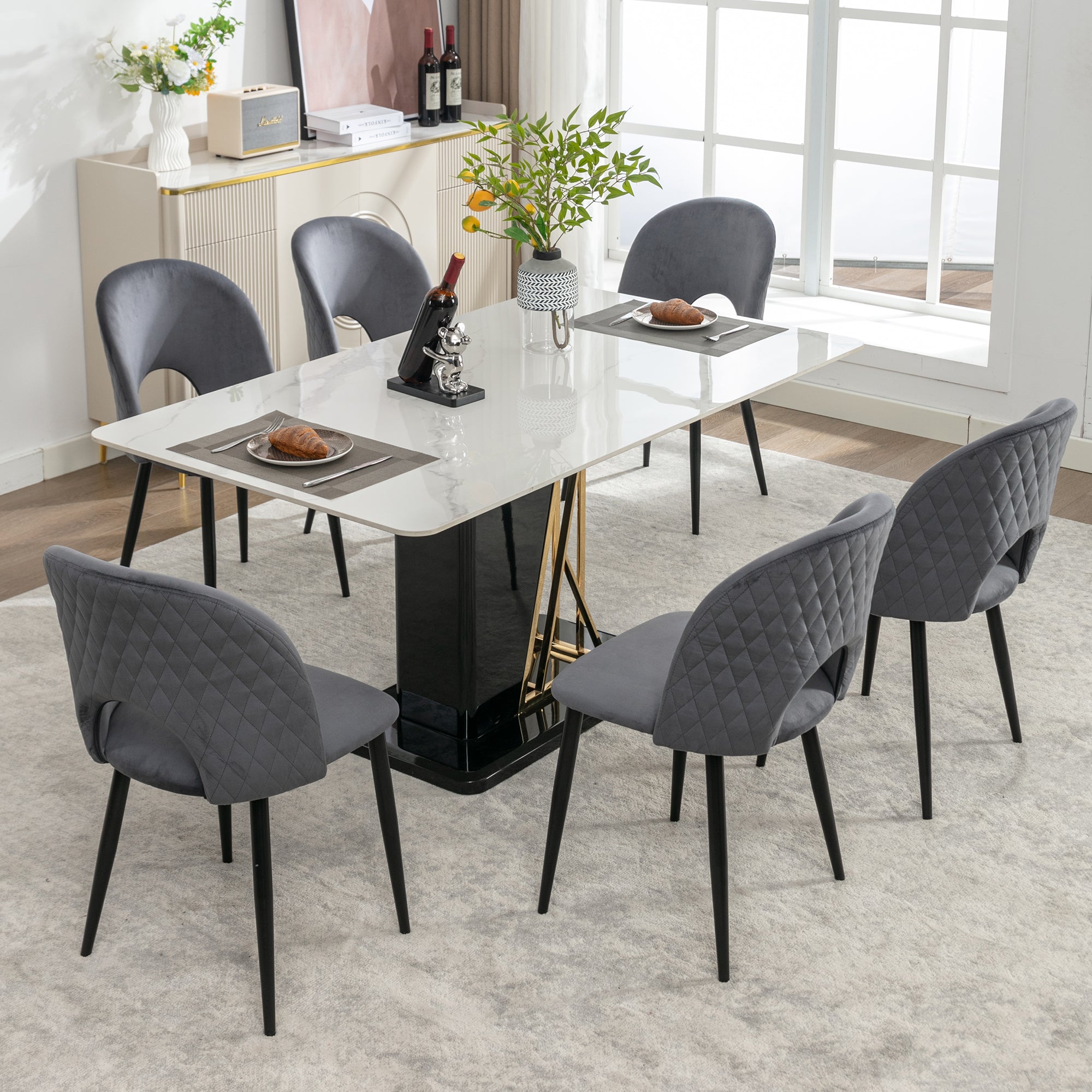 Dining Chair Set (6), Upholstered Velvet Seat, Metal Frame, Gray