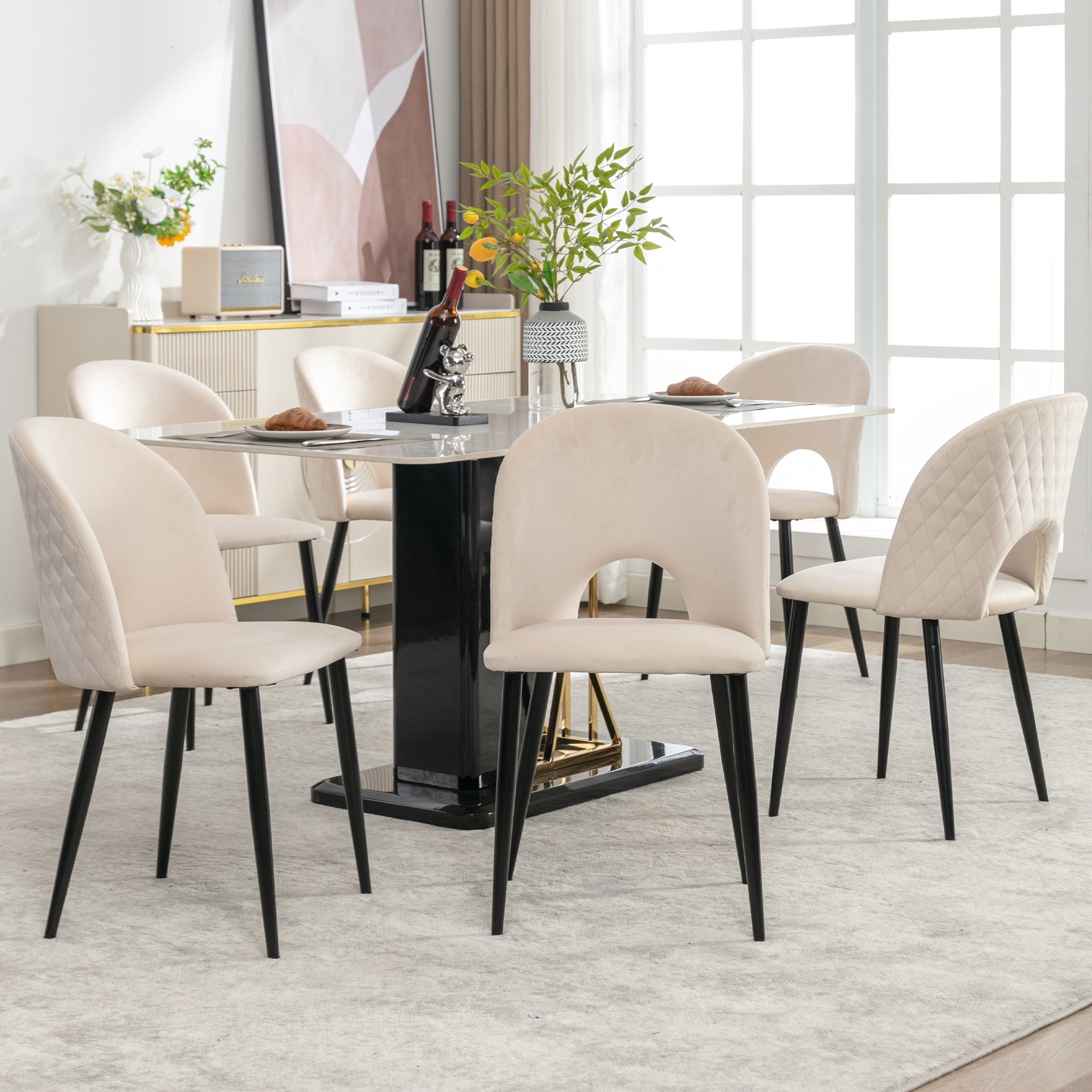 Cream Dining Room Chair (set of 6), Upholstered Backrest, Velvet Seat, Metal Frame, Beige