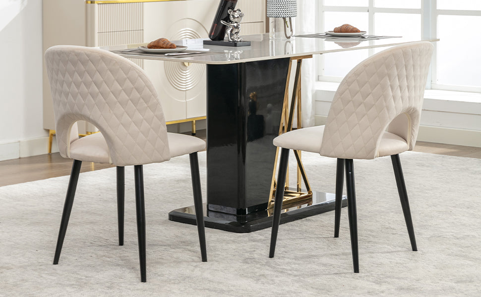 Dining Chair (2 Pcs), Upholstered Design with Velvet Seat, Metal Frame, Adjustable Feet, Diamond Pattern, Beige