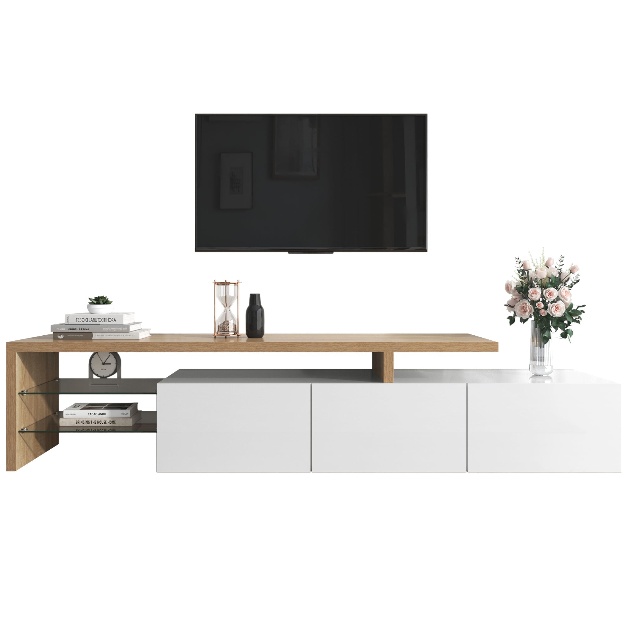 TV Cabinet, Modern High-Gloss with Glass Shelves & LED Lighting, White Wood