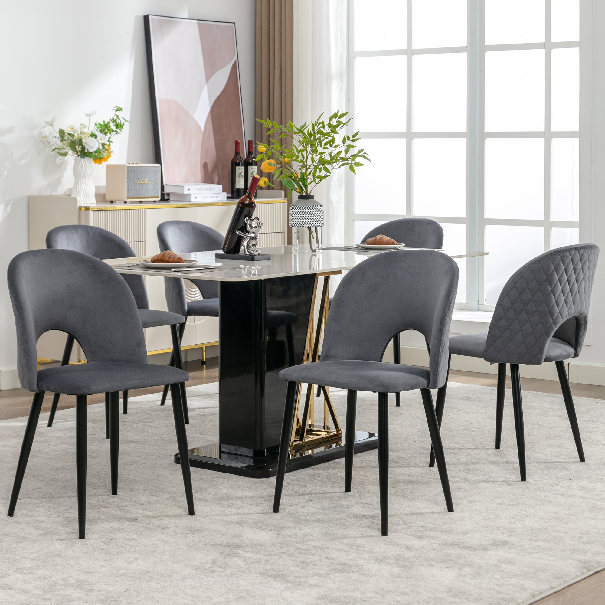 Dining Chair Set (6), Upholstered Velvet Seat, Metal Frame, Gray