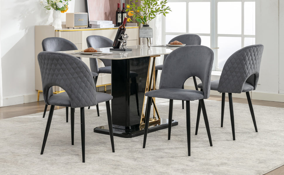 Dining Chair Set (6), Upholstered Velvet Seat, Metal Frame, Gray