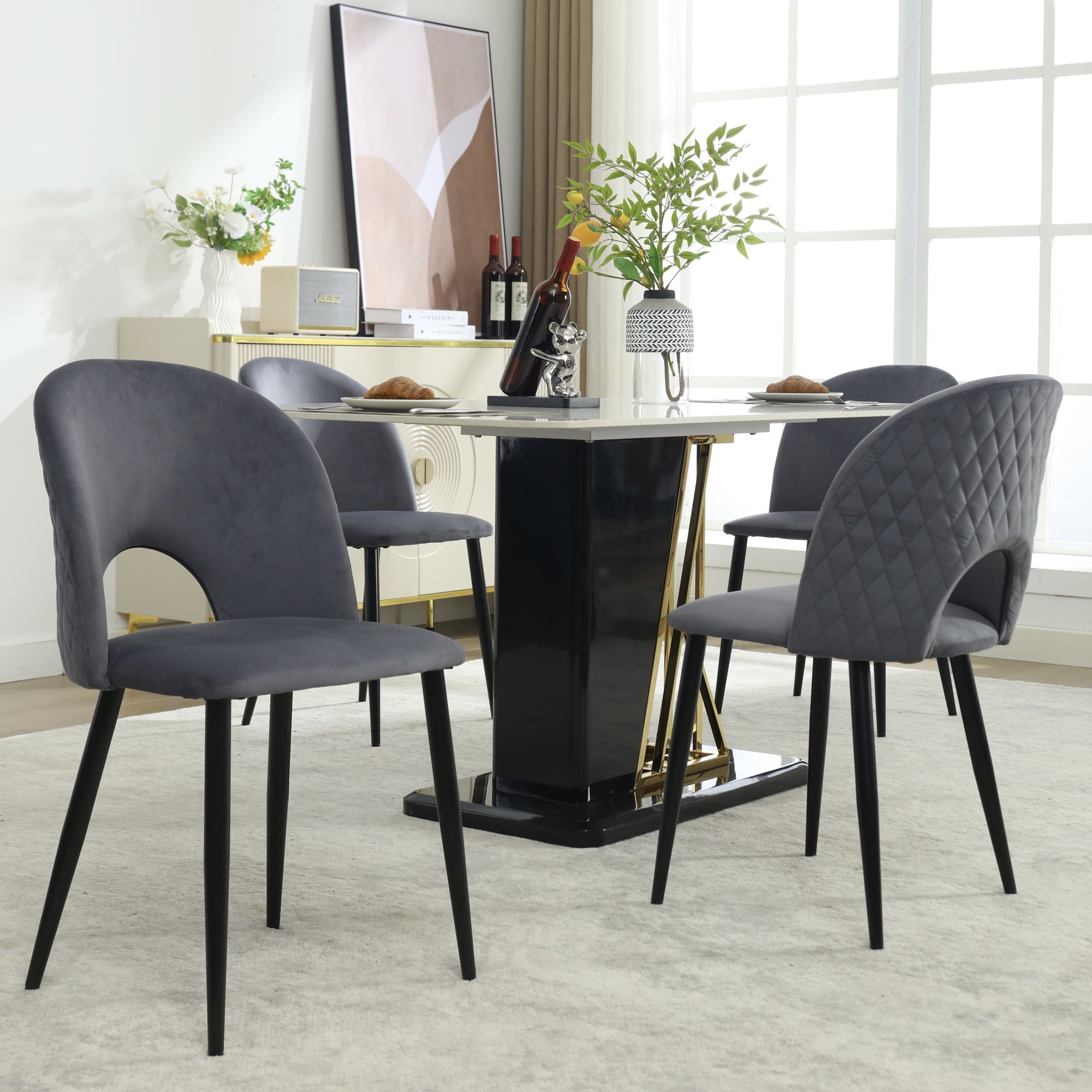 Dining Chair (4 Pcs), Upholstered Velvet Seat with Metal Frame, Gray