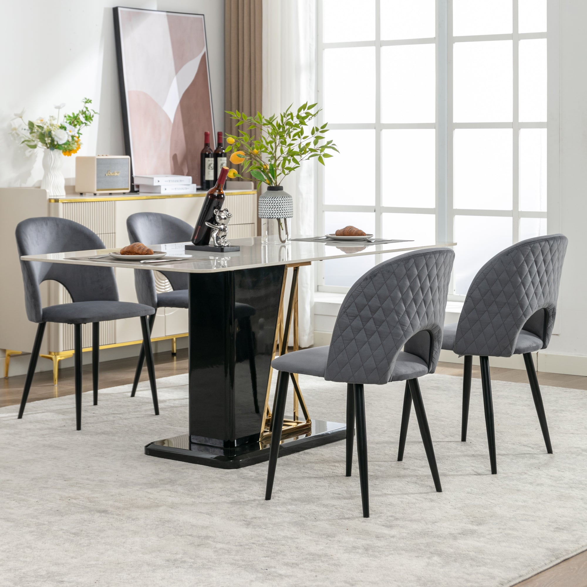 Dining Chair (4 Pcs), Upholstered Velvet Seat with Metal Frame, Gray