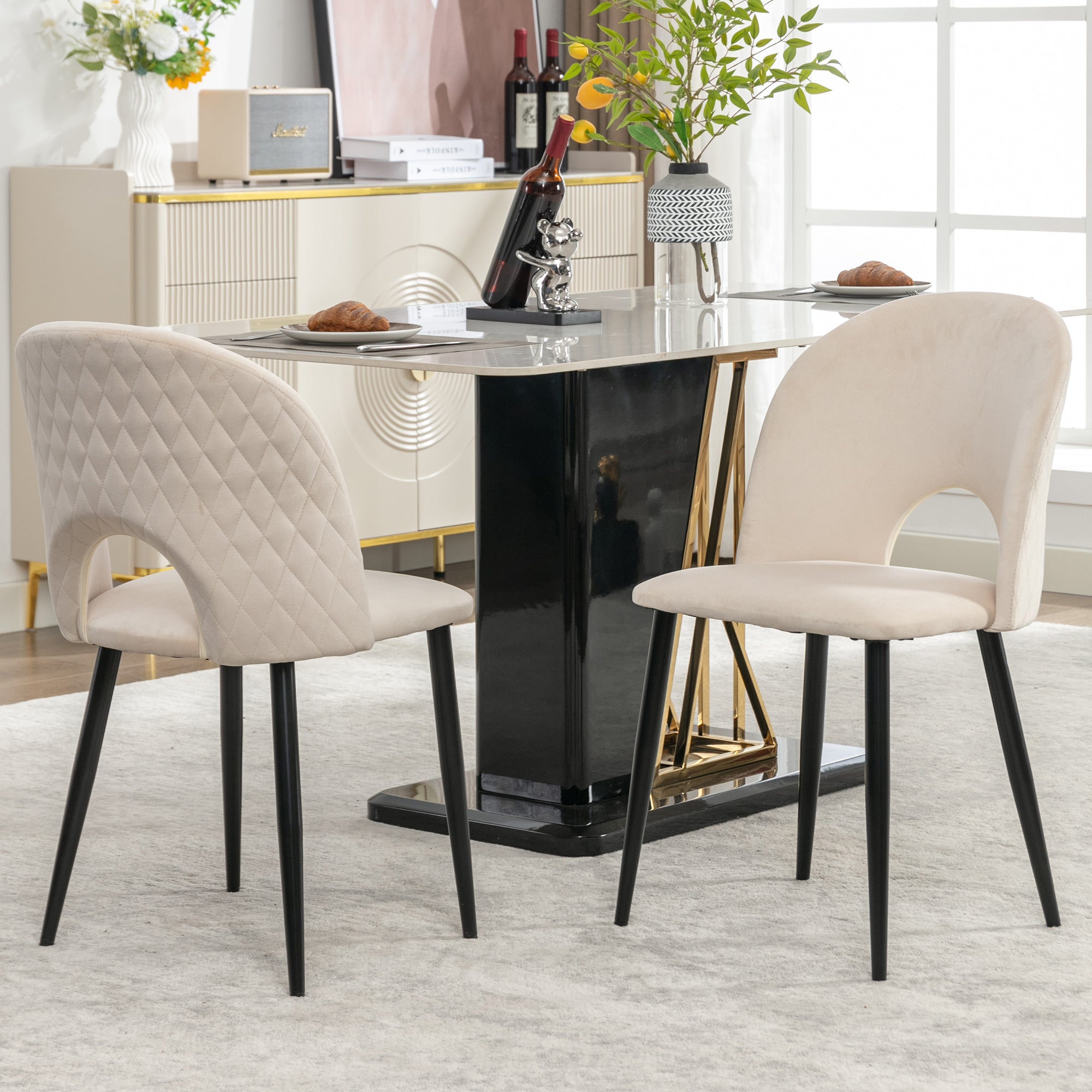 Dining Chair (2 Pcs), Upholstered Design with Velvet Seat, Metal Frame, Adjustable Feet, Diamond Pattern, Beige