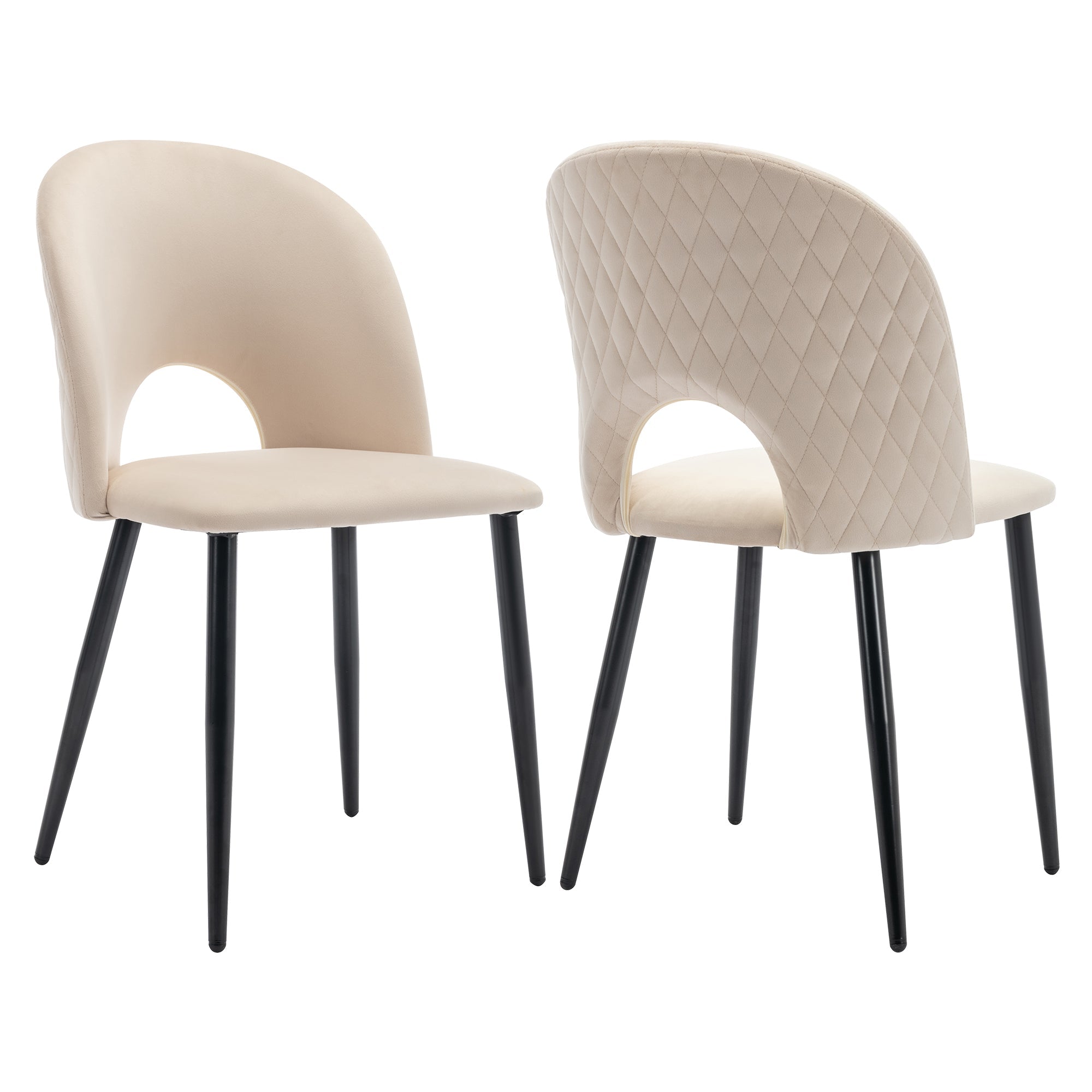 Dining Chair (2 Pcs), Upholstered Design with Velvet Seat, Metal Frame, Adjustable Feet, Diamond Pattern, Beige