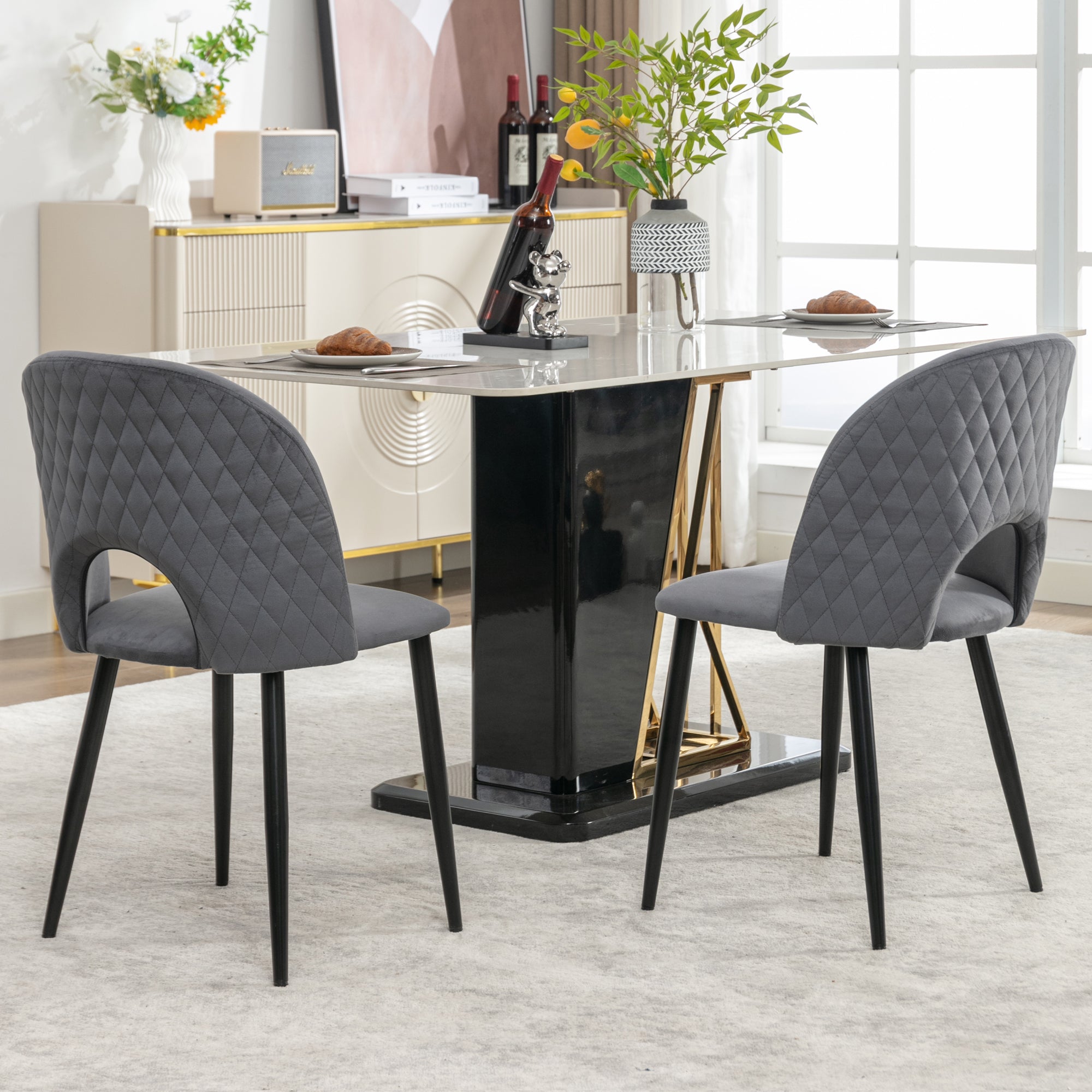 Dining Room Chair, Upholstered Design with Diamond Pattern, Gray Velvet