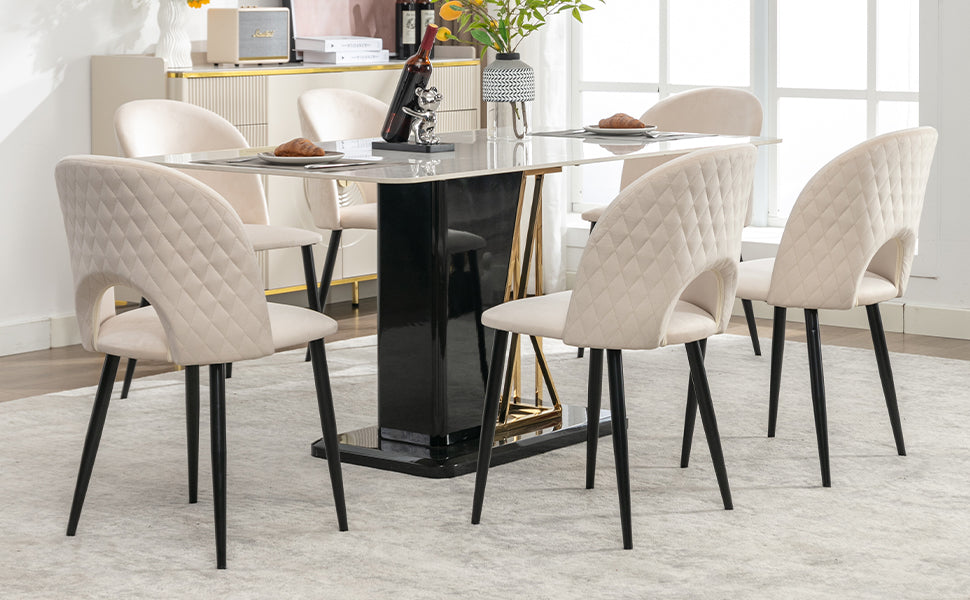 Cream Dining Room Chair (set of 6), Upholstered Backrest, Velvet Seat, Metal Frame, Beige