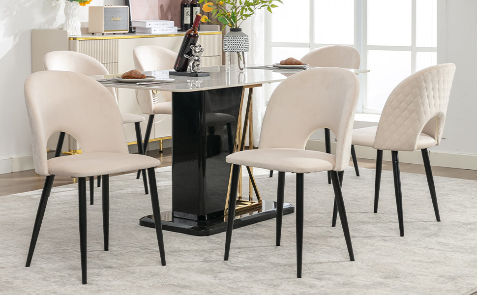 Cream Dining Room Chair (set of 6), Upholstered Backrest, Velvet Seat, Metal Frame, Beige