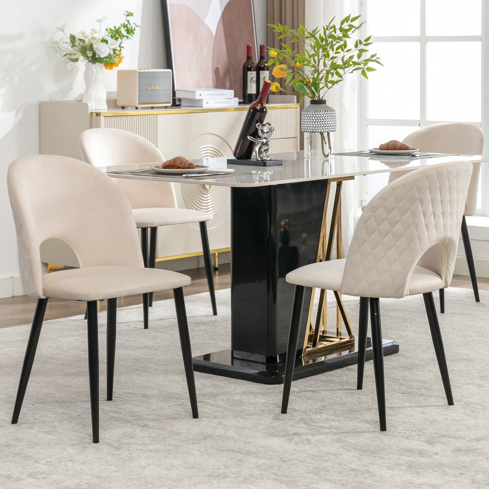 Dining Chair (4 Pieces), Upholstered with Velvet Seat, Metal Frame, Beige