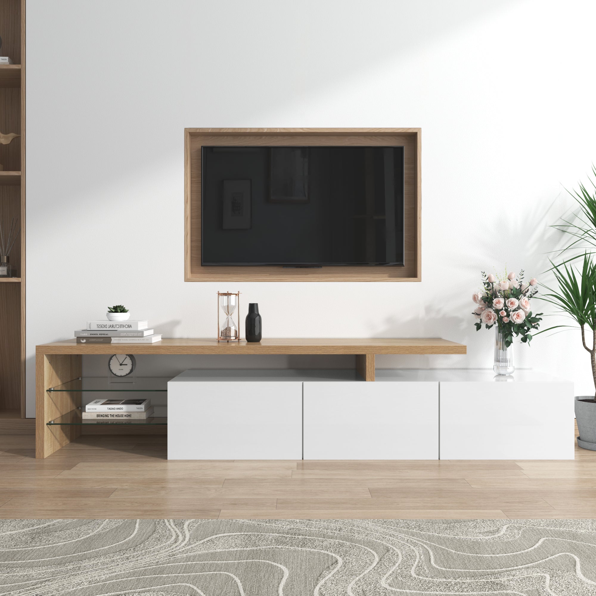 TV Cabinet, Modern High-Gloss with Glass Shelves & LED Lighting, White Wood