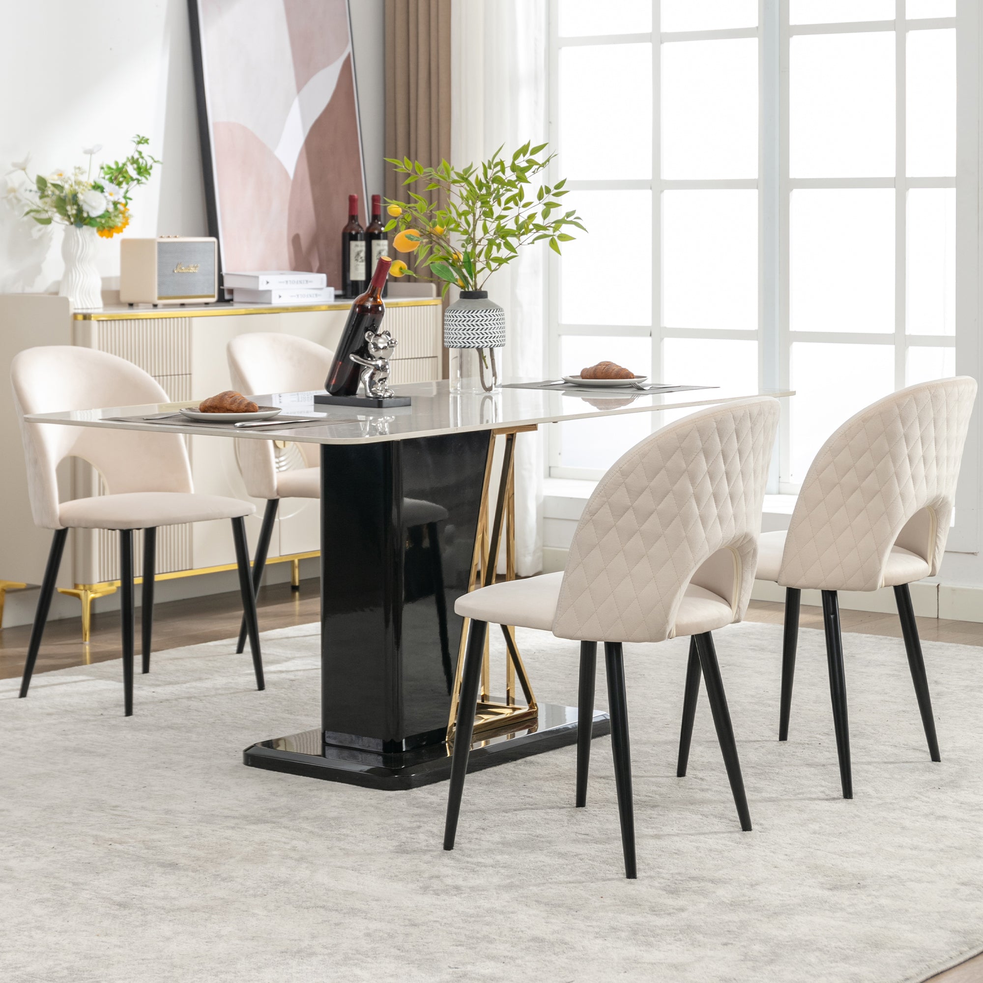 Dining Chair (4 Pieces), Upholstered with Velvet Seat, Metal Frame, Beige