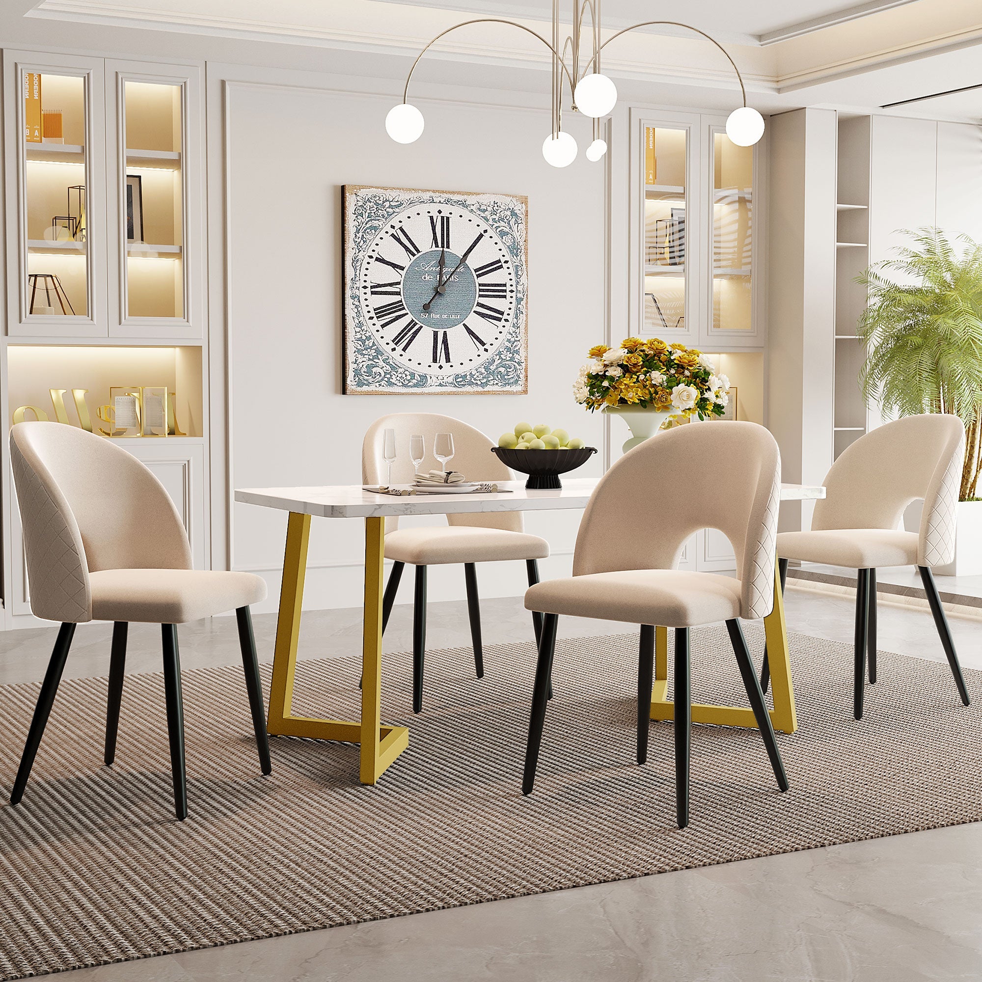 Dining Set, 117×68cm Table with 4 Chairs, Beige Velvet & Gold