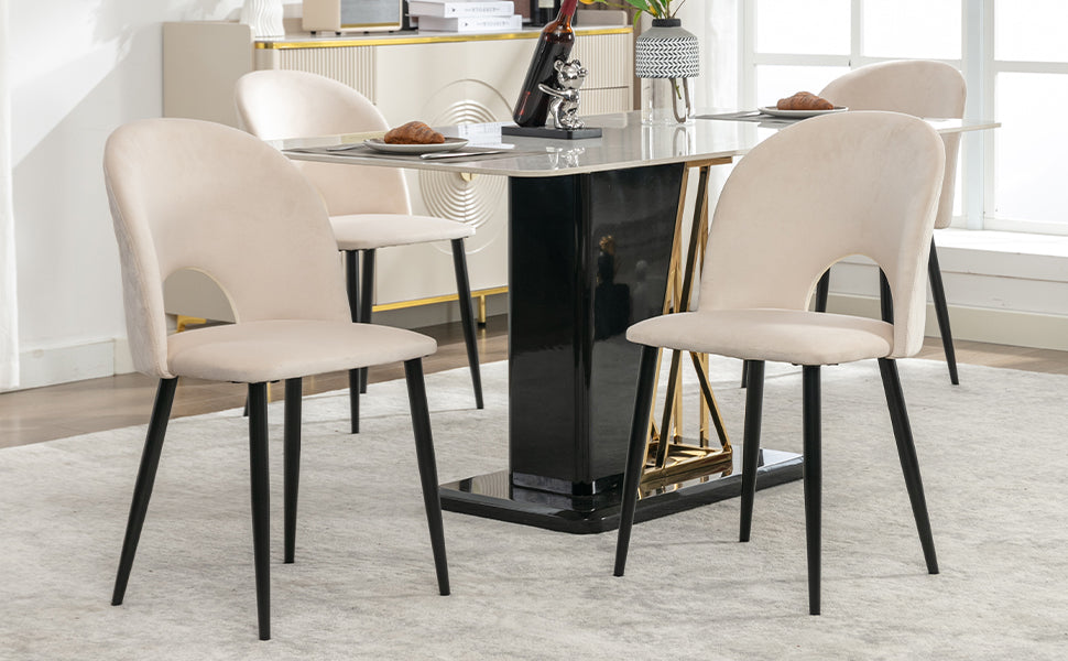 Dining Chair (4 Pieces), Upholstered with Velvet Seat, Metal Frame, Beige