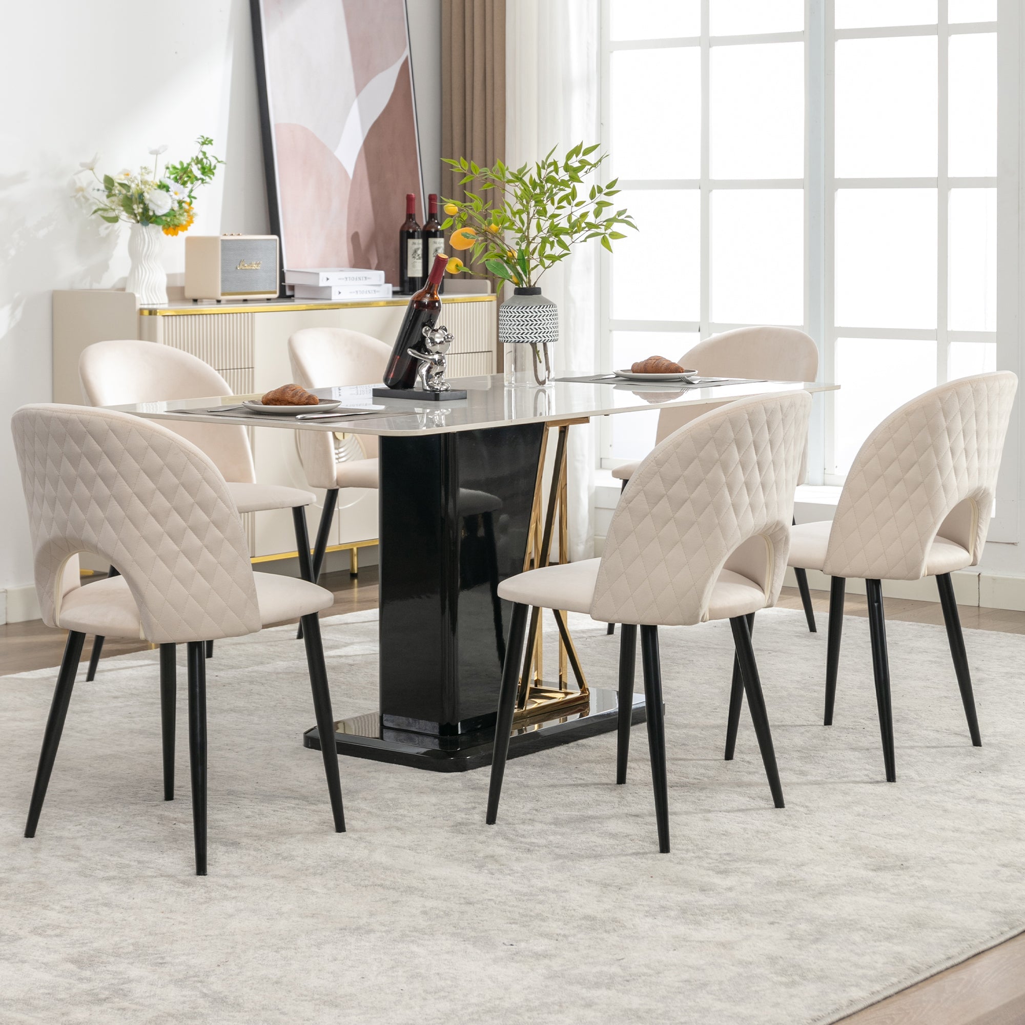 Cream Dining Room Chair (set of 6), Upholstered Backrest, Velvet Seat, Metal Frame, Beige
