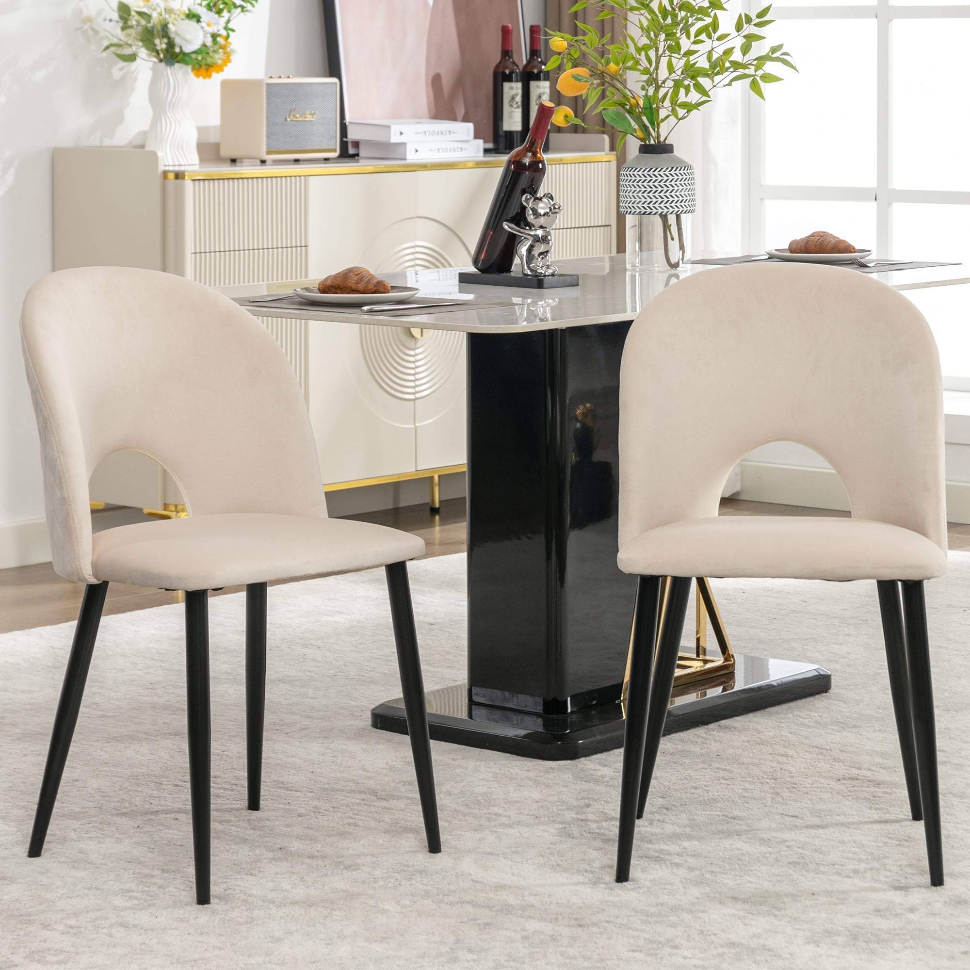 Dining Chair (2 Pcs), Upholstered Design with Velvet Seat, Metal Frame, Adjustable Feet, Diamond Pattern, Beige