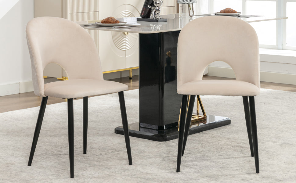 Dining Chair (2 Pcs), Upholstered Design with Velvet Seat, Metal Frame, Adjustable Feet, Diamond Pattern, Beige