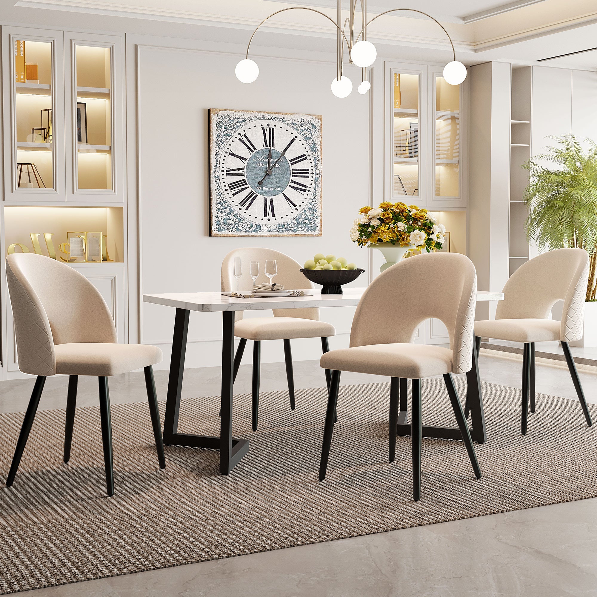 Dining Set 117x68cm Rectangular Table 4 Chairs Velvet Diamond Pattern Beige/Black