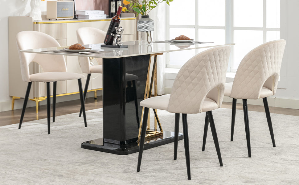 Dining Chair (4 Pieces), Upholstered with Velvet Seat, Metal Frame, Beige