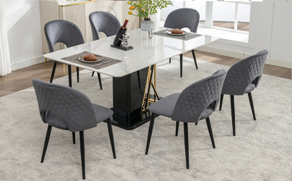 Dining Chair Set (6), Upholstered Velvet Seat, Metal Frame, Gray