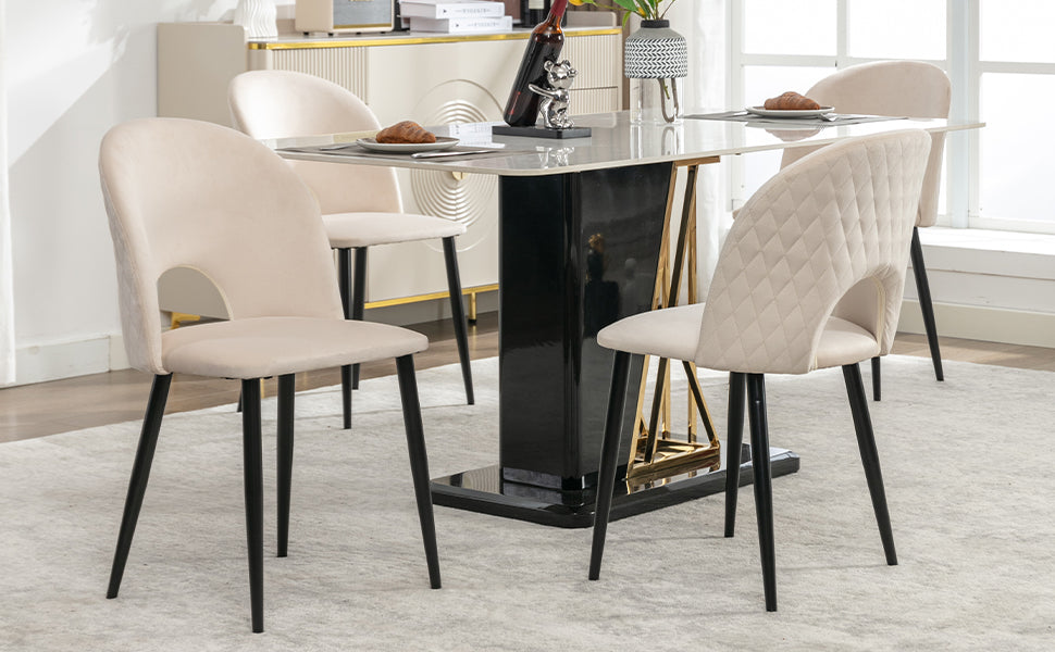 Dining Chair (4 Pieces), Upholstered with Velvet Seat, Metal Frame, Beige