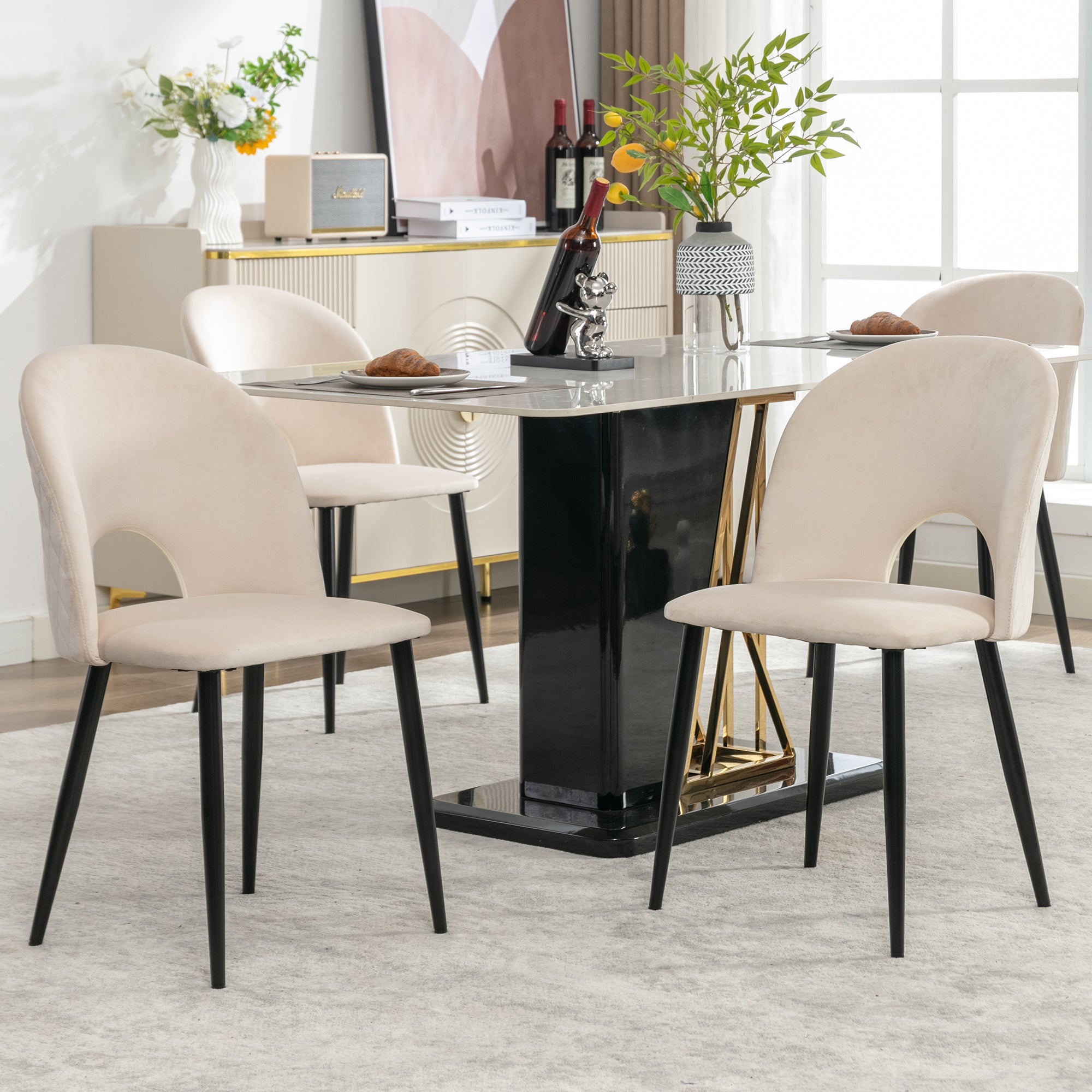 Dining Chair (4 Pieces), Upholstered with Velvet Seat, Metal Frame, Beige
