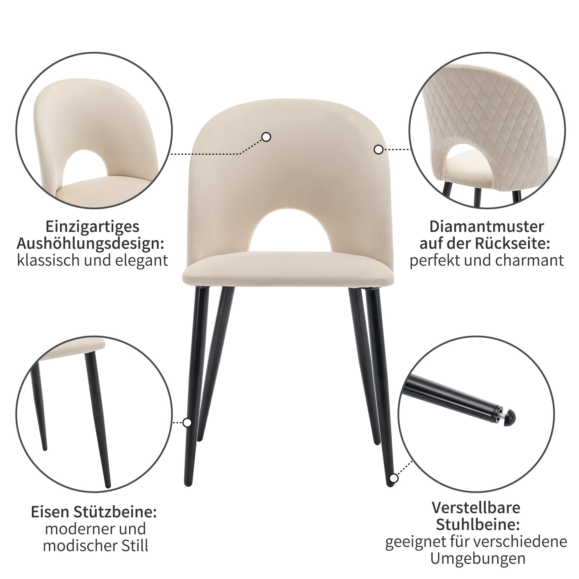 Dining Set, 140×80cm with 4 Chairs, Velvet & MDF, Beige/White/Gold