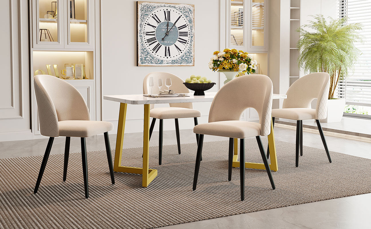 Dining Set, 117×68cm Table with 4 Chairs, Beige Velvet & Gold