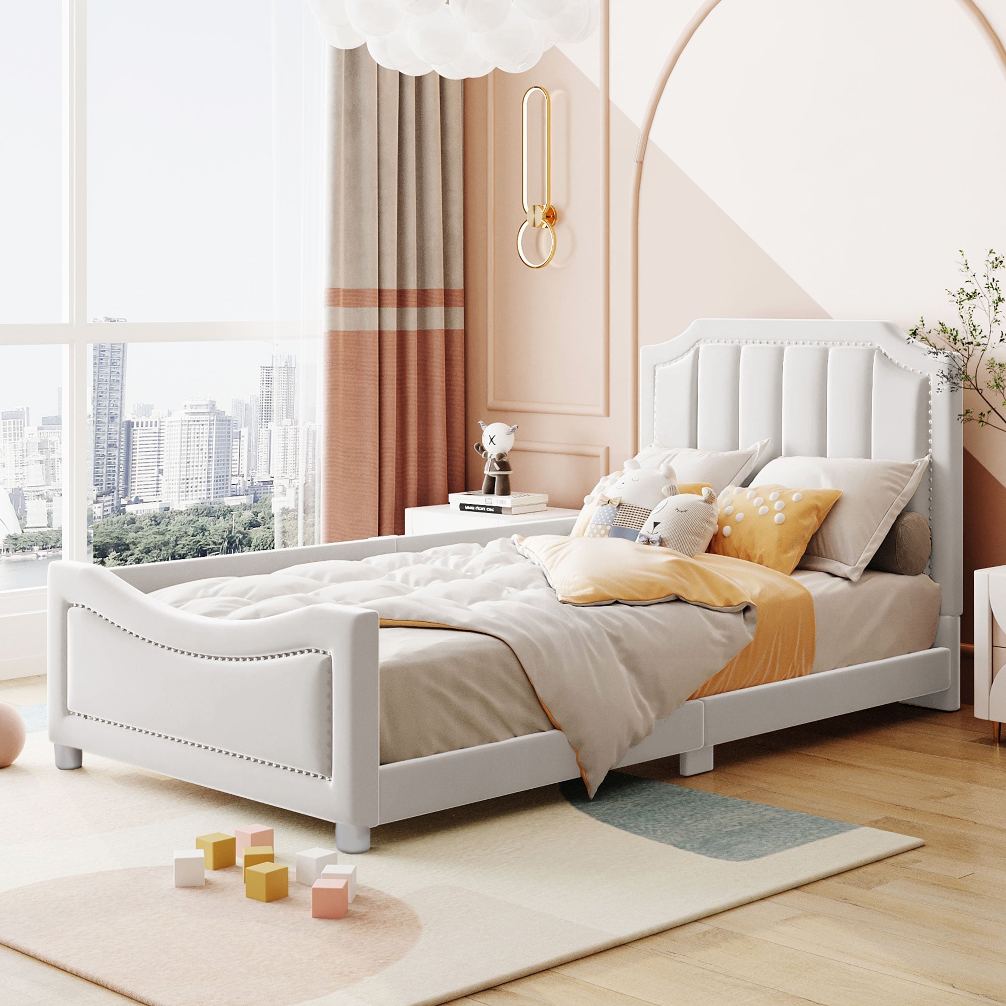 Children’s Upholstered Sofa Bed with Flannel Finish – 90x200cm Beige