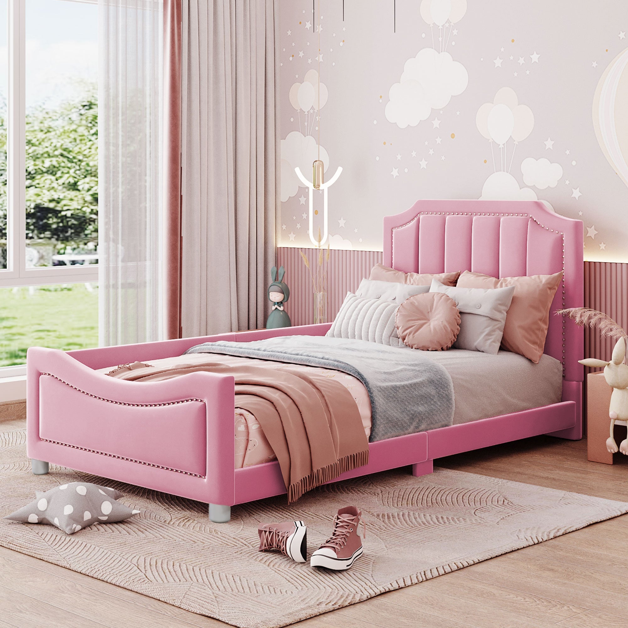 Children's Bed Upholstered Sofa Bed 90*200cm, Flannel, Pink