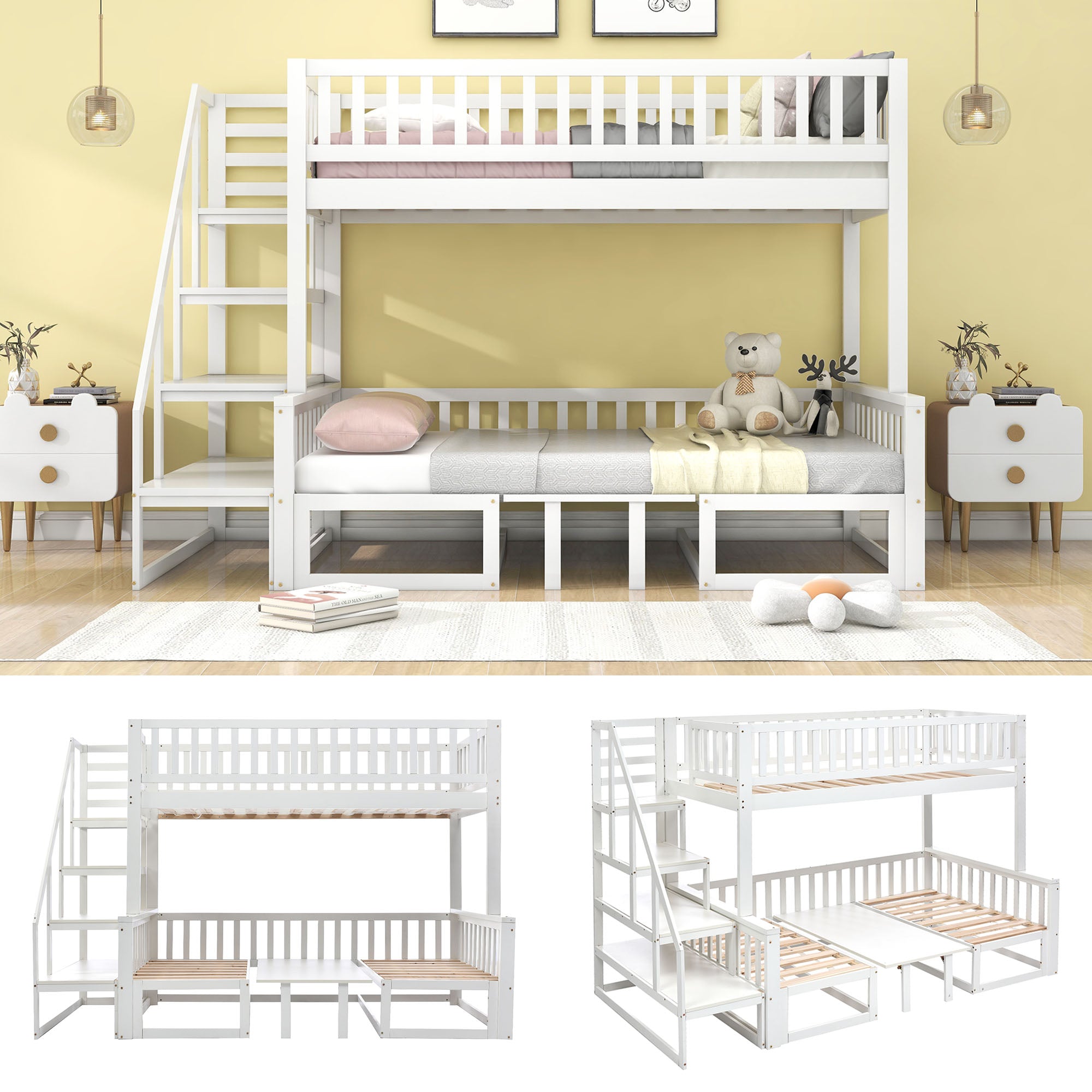 Bunk Bed, Space-Saving with Stairs, Adjustable Table, Wooden Sofa, Pine Wood, White
