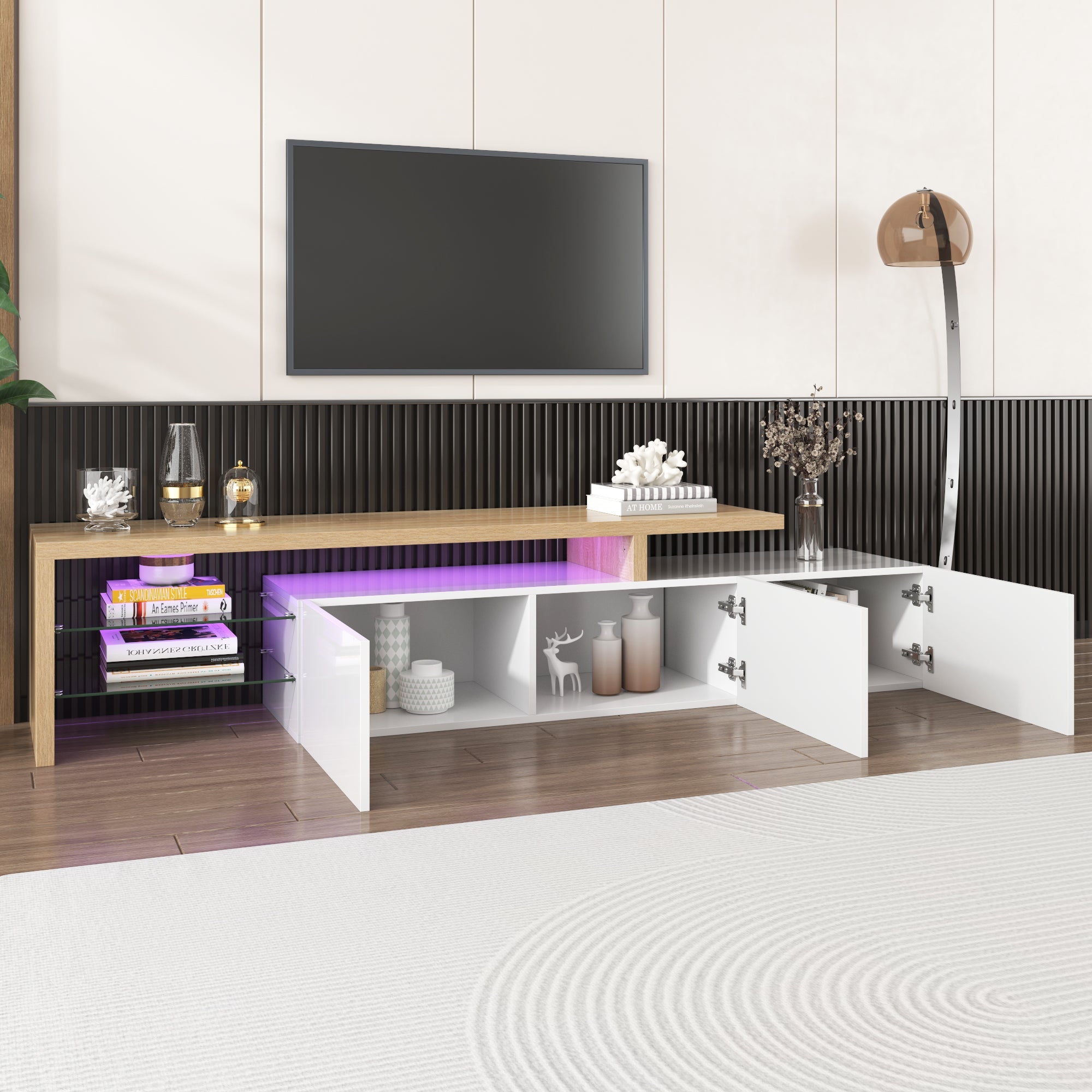 TV Cabinet, Modern High-Gloss with Glass Shelves & LED Lighting, White Wood