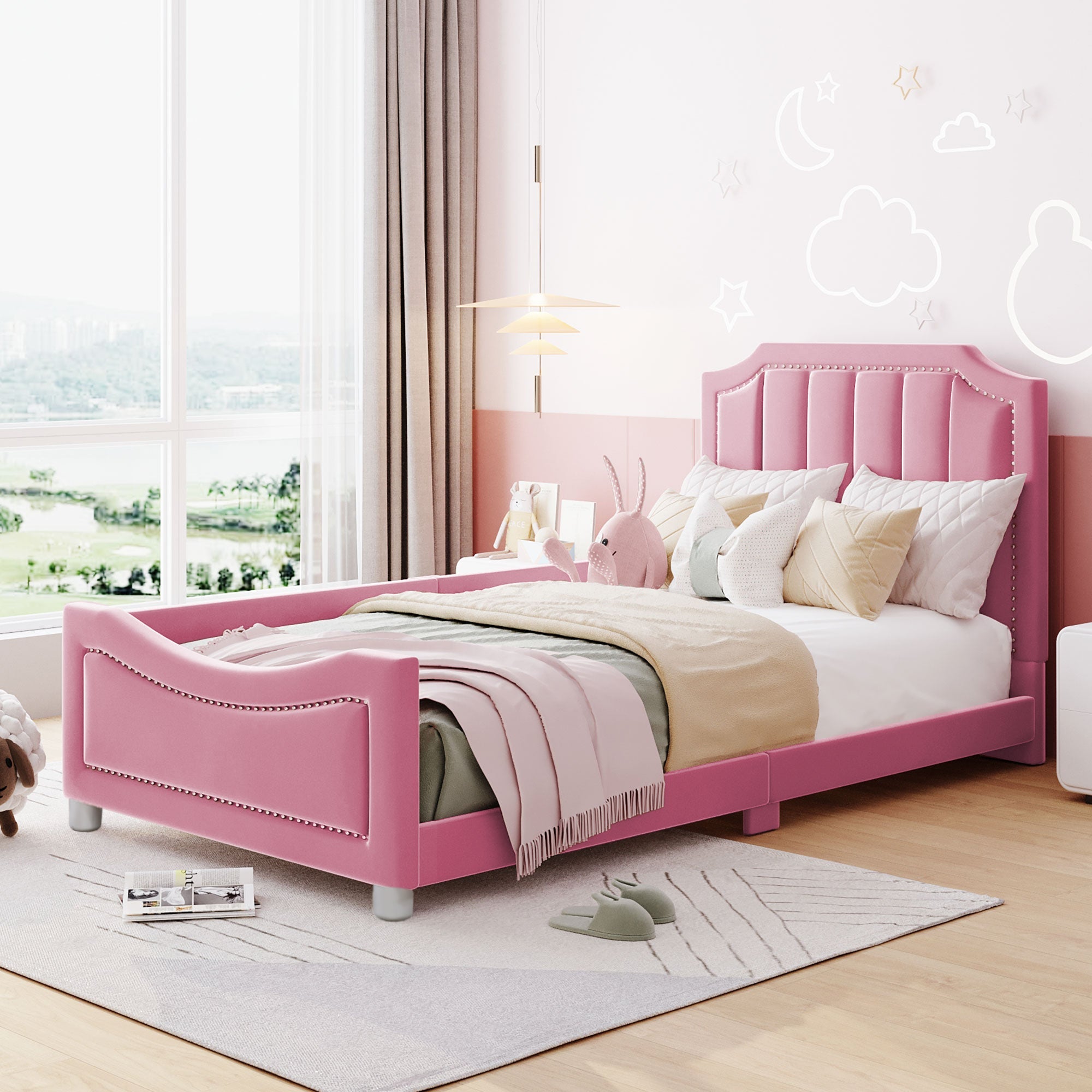 Children's Bed Upholstered Sofa Bed 90*200cm, Flannel, Pink