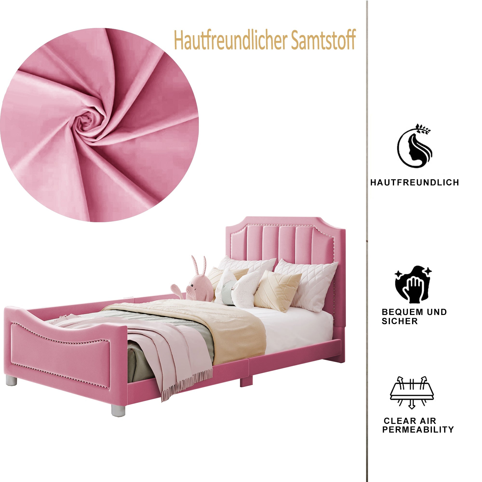 Children's Bed Upholstered Sofa Bed 90*200cm, Flannel, Pink