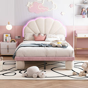 Upholstered Single Bed LED Lights Wave Headboard 90x200cm, Velvet Beige+Pink
